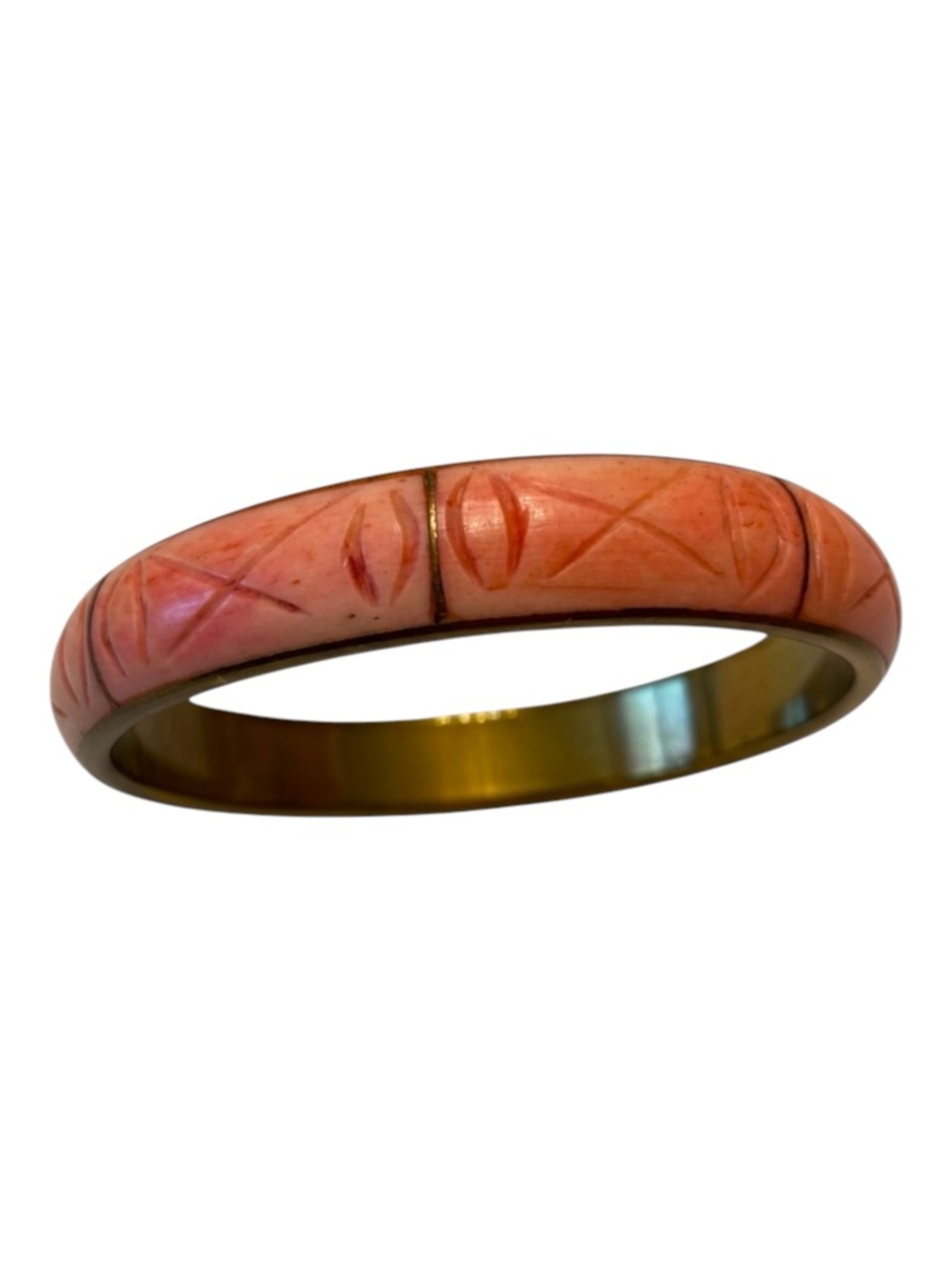 Vintage Hand-Carved Coral Tone Bangle Bracelet Gold Tone Interior